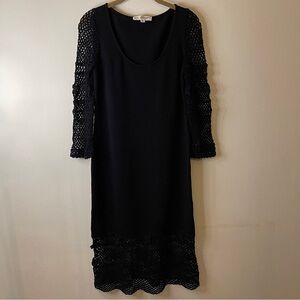 St. John Evening Black Crochet Floral Bell Sleeve Ribbed Knit Dress Size 6